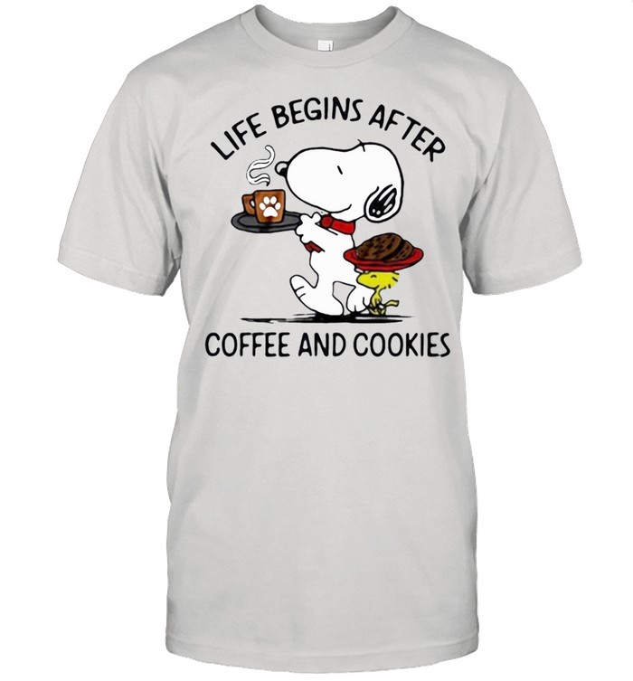 snoopy and woodstock life begins after coffee and cookies shirt