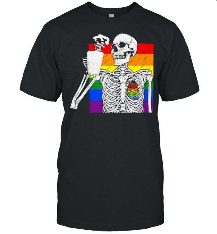 LGBT skeleton drink coffee gay lesbian pride rainbow human heart shirt