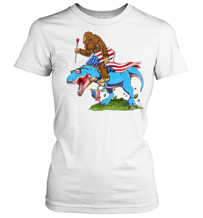 Bigfoot riding Dinosaur USA Flag 4th of July America T- Classic Women's T-shirt