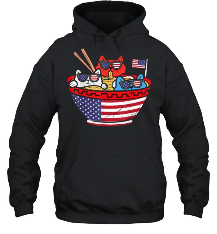 Cats Ramen Anime American Flag USA Funny 4th Of July Independence T- Unisex Hoodie