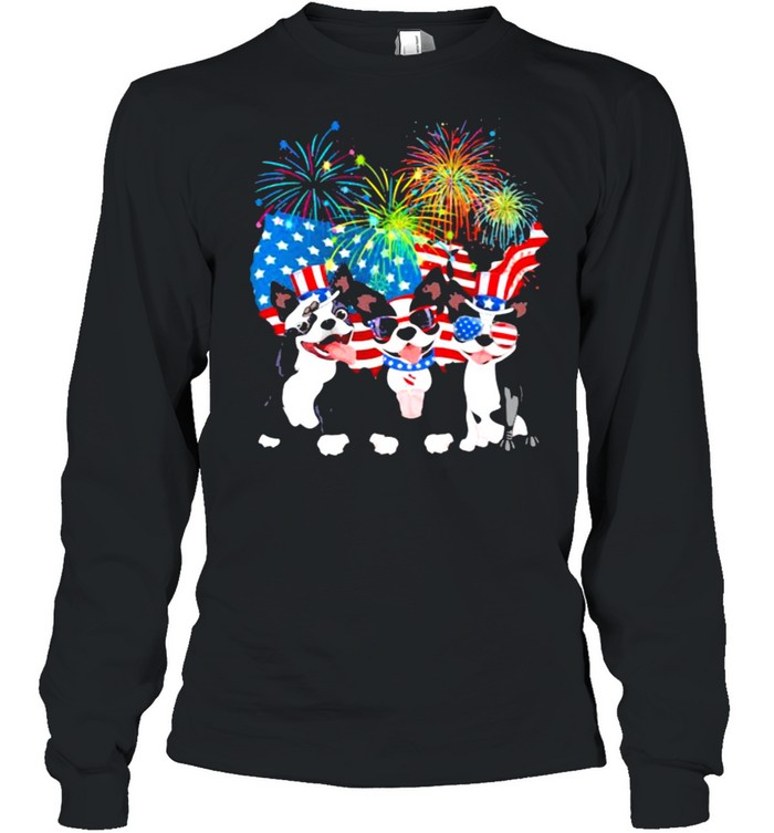 Boston Terrier Independence Day Firework American Flag Long Sleeved T-shirt