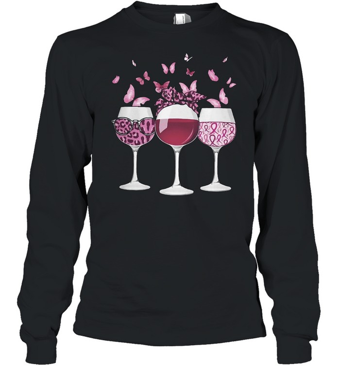Pink Ribbon Wine Glass Butterfly Breast Cancer Awareness T-shirt Long Sleeved T-shirt
