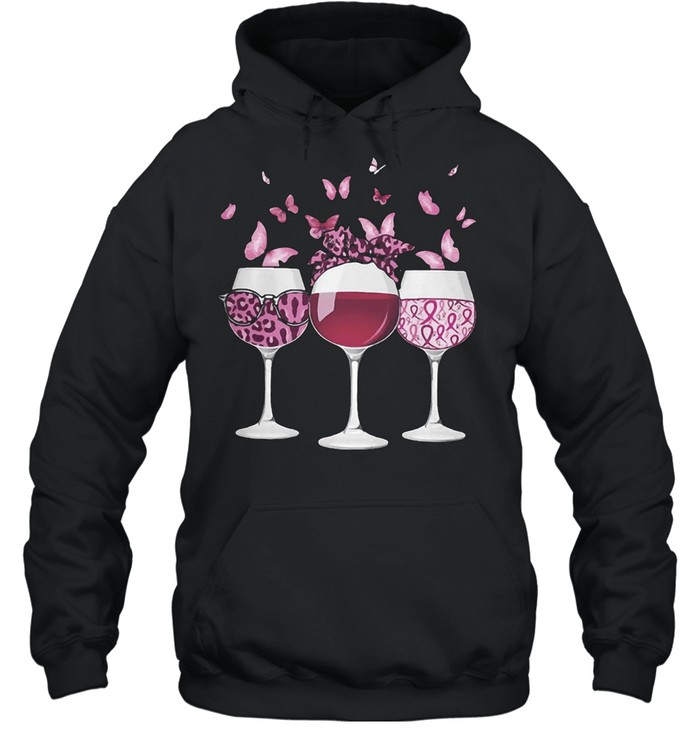 Pink Ribbon Wine Glass Butterfly Breast Cancer Awareness T-shirt Unisex Hoodie