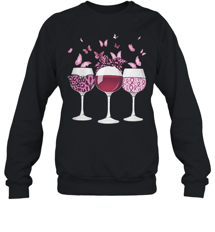 Pink Ribbon Wine Glass Butterfly Breast Cancer Awareness T-shirt Unisex Sweatshirt