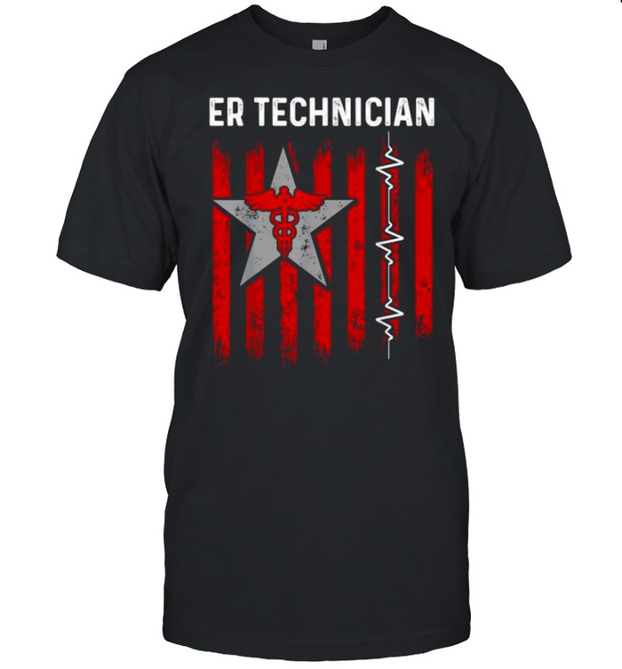 ER Technician Emergency Room Tech Star Logo heartbeat Usa Flag T-Shirt