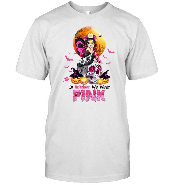 Witch Girl Skull In October We Wear Pink Halloween T-shirt Classic Men's T-shirt